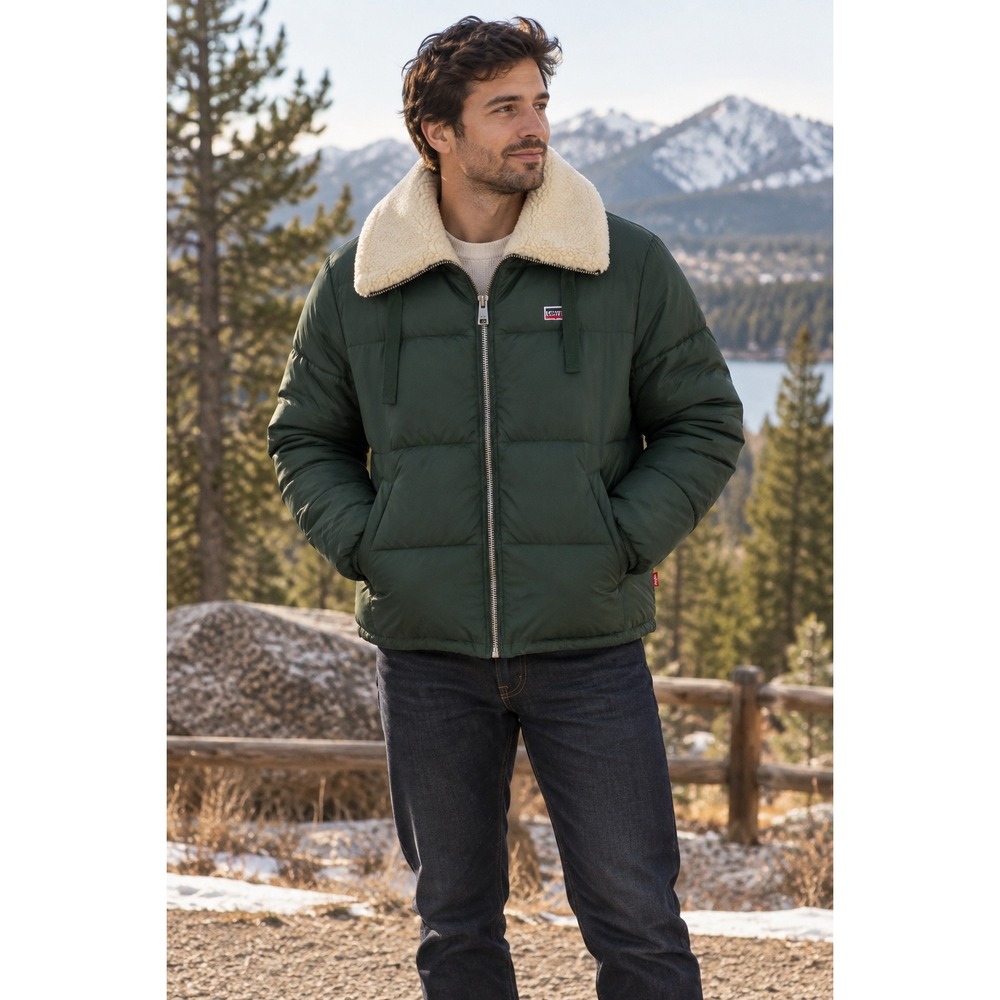 Levis Puffer Jacket Green Faux Shearling Collar Quilted Coat Mens Large